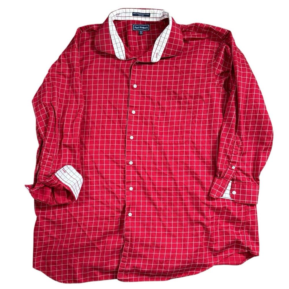 Paul Fredrick mens dress shirt red gray check 20-35 cotton contrast cuffs EUC